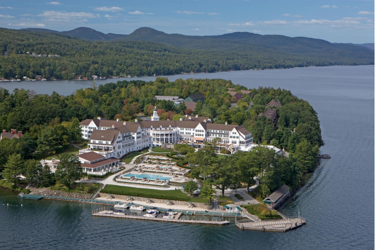 Aerial view of The Sagamore on its peninsula in Lake George