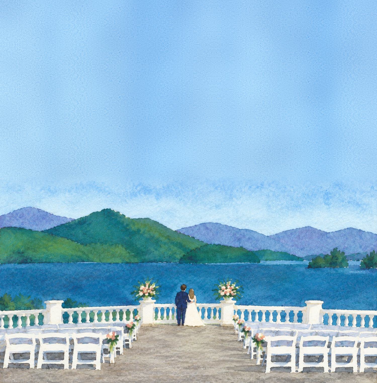 Watercolor of a couple at the terrace railing, facing rows of white chairs and Lake George